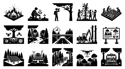 Fototapeta premium Black White Environmental Protection and Forestry Glyph Icons Set. Nature Conservation Activities, Ecosystems Management Pictograms.
