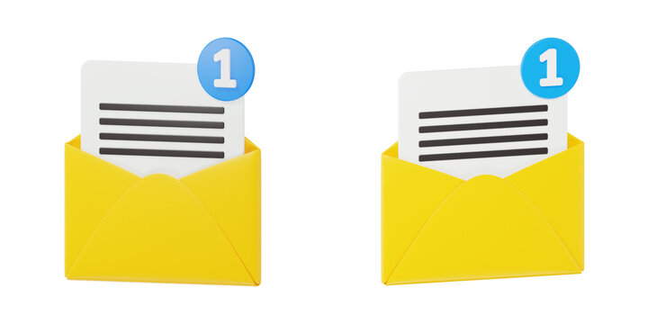 3D Yellow Open Envelope with Document and Notification Badge
