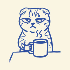 Tired cat with a cup of coffee Vector, illustration © Jrdesign0