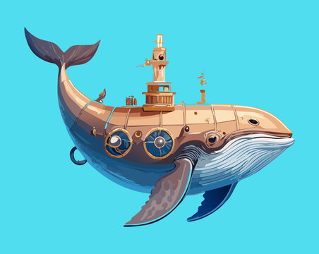 Creative vector illustration of a steampunk submarine whale vessel with pipes and propeller perfect for digital asset microstock web design poster print
