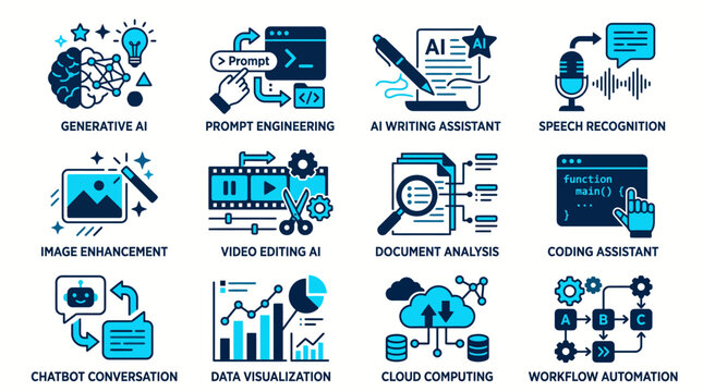 Professional Set of Modern Duotone Vector Icons Illustrating Advanced Artificial Intelligence Technologies and Automated Digital Software Processes
