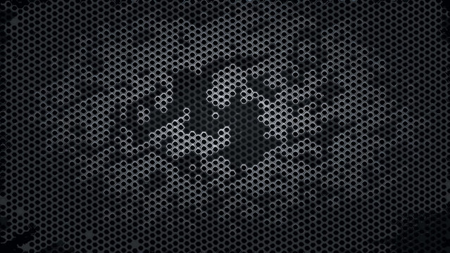 Perforated metal sheet with hexagonal pattern and a distorted central area dark gray