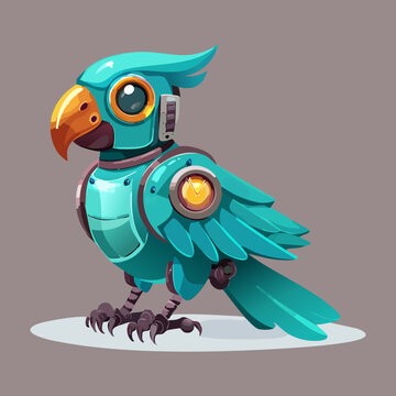 Advanced mechanical parrot bird illustration featuring detailed teal steel body plates copper rivets and realistic robotic eye camera lens system artwork