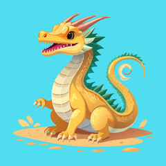 Fototapeta premium Friendly orange dragon baby character sitting on sand patch showing detailed wing textures and a cheerful smiling face for kids book illustration