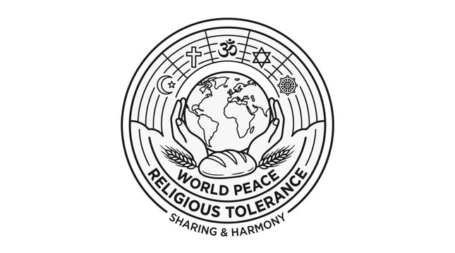 Circular religious tolerance emblem with world peace symbols