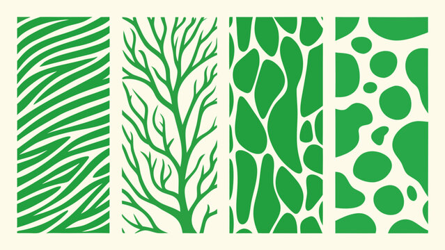 Nature inspired patterns featuring zebra stripes branches organic shapes and polka dots in green