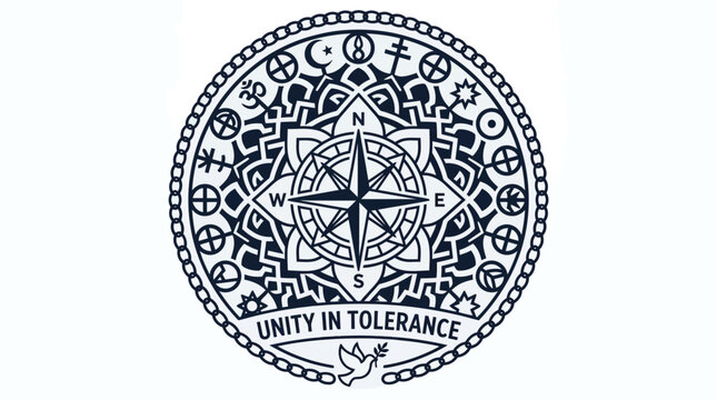 Circular unity in tolerance emblem with religious symbols compass.