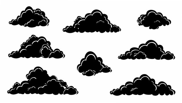 Black cloud silhouettes arranged on a white background a collection of atmospheric formations