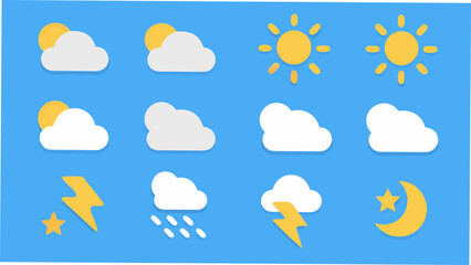Obraz premium Colorful weather symbols collection flat vector illustration on a bright blue background