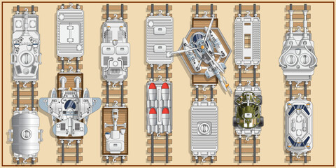 A set of military locomotives and wagons. View from above. On a colored background. Vector illustration. © caryblade
