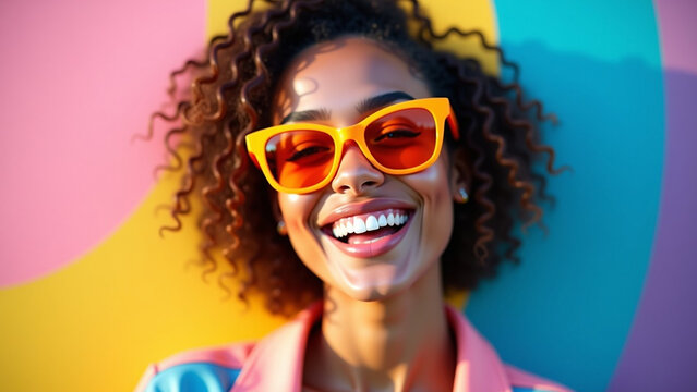 Skin vibrant orange sunglasses iteration making a playful kissy face smiling brightly showing off her