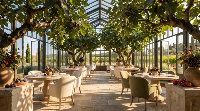 Elegant glass conservatory restaurant interior with lush fig trees and vineyard view