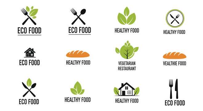 Eco food and healthy restaurant logos featuring green leaves, cutlery icons, and house symbols for sustainable branding or web design.