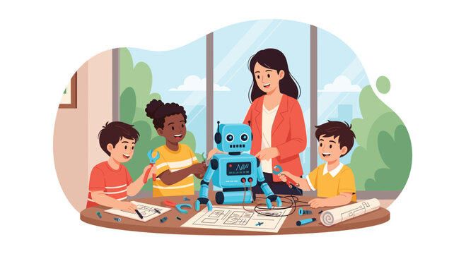 Excited students and their teacher working together in a classroom to build and program a blue friendly robot in a stem education setting.