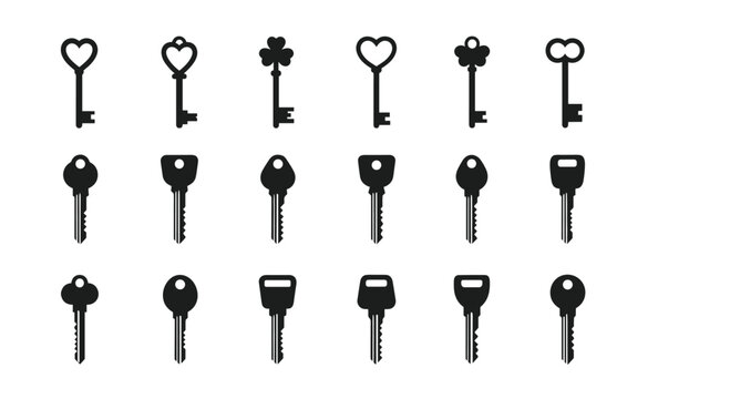 Collection of silhouette icons for various key types including ornate skeleton keys, modern house keys, and heart or clover shaped designs.