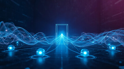 Digital Portal Network Nodes, Blue Data Flow Gateway, Neon Network Connection Portal Digital Gateway Blue Glow Data Node Portal Art Glowing Network Dark Concept Blue Portal Tech Design Digital Flow 