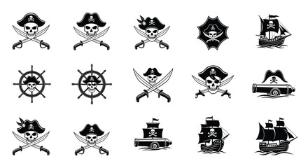 Obraz premium Comprehensive set of black and white pirate icons including skulls with crossed swords, sailing ships, and cannons.