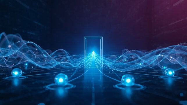 Digital Portal Network Nodes, Blue Data Flow Gateway, Neon Network Connection Portal Digital Gateway Blue Glow Data Node Portal Art Glowing Network Dark Concept Blue Portal Tech Design Digital Flow 
