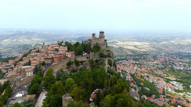 Drone approach to Guaita Tower on Monte Titano, San Marino