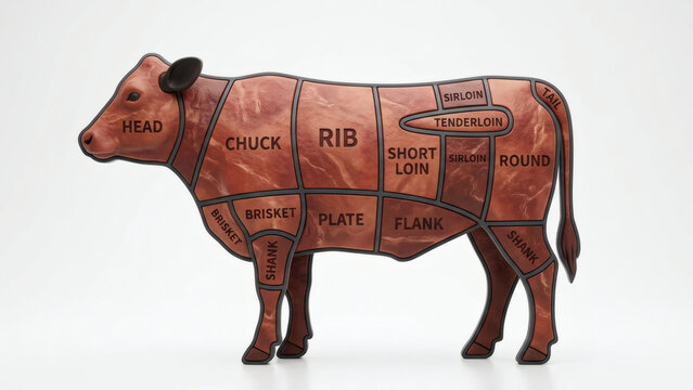 Realistic 3D beef chart showing primal cuts of cattle