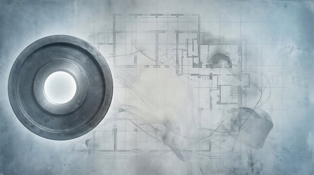 Close-up of mechanical blueprint with precision bearing on technical drawing background