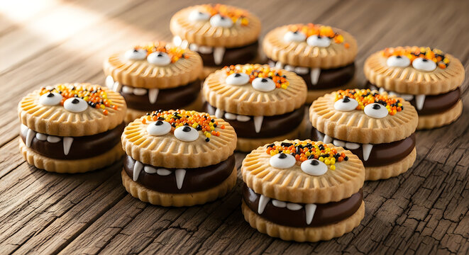 Halloween monster cookies with chocolate filling and colorful sprinkles on a wooden surface