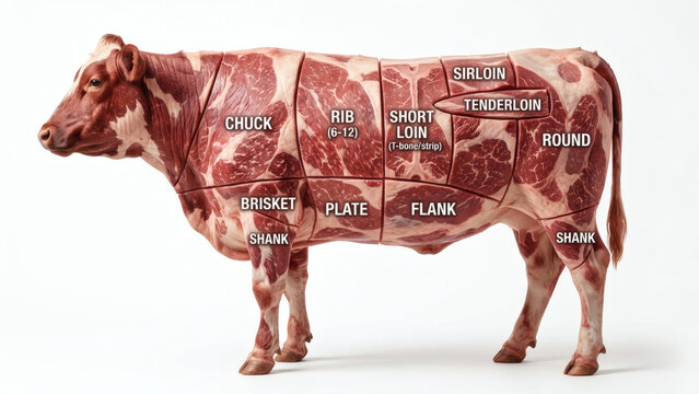 Detailed beef cuts diagram illustrated on a whole cow