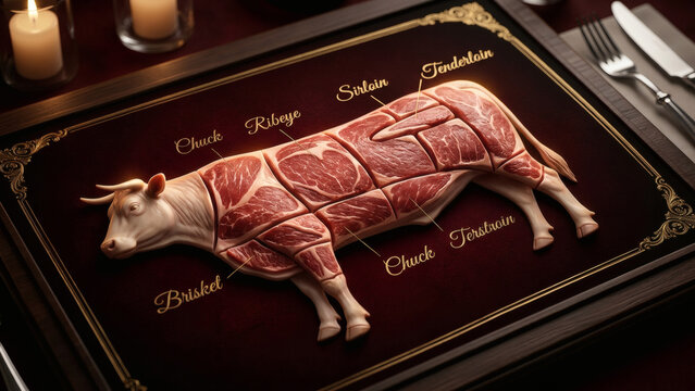 Detailed gourmet beef cuts diagram on elegant dining board