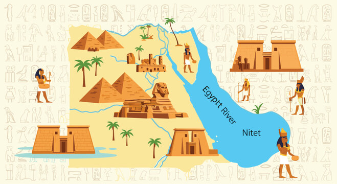 Educational map of ancient Egypt showcasing historical monuments like the pyramids and sphinx along the nile river with hieroglyphics.