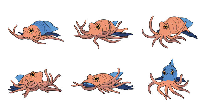 Diverse collection of prehistoric marine cephalopods like ammonites and orthocones illustrated in multiple swimming poses and perspectives.