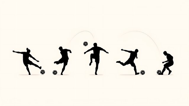 Soccer player silhouette sequence showing five different ball handling and kicking techniques on a clean off white background, for sports