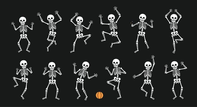 Playful collection of white skeletons dancing in different energetic poses against a solid black background for a festive halloween theme.