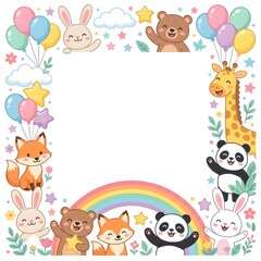 Obraz premium Cute square cartoon animals border frame with rabbits, bears, panda, fox, giraffe, rainbow, and balloons for kids birthday design.