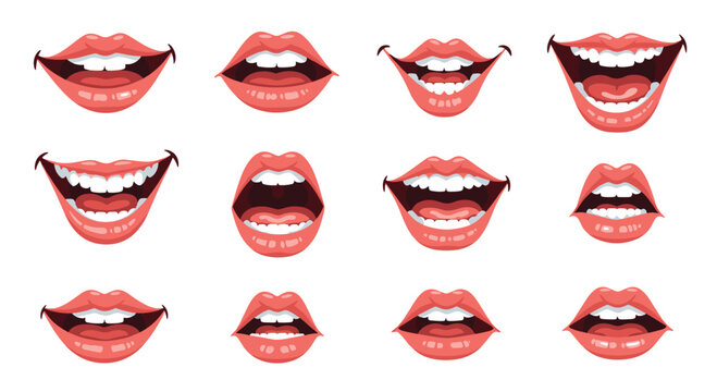 Assorted collection of human mouth expressions showing various lip shapes, smiles, and teeth for character design and emotions study.