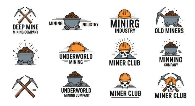 Professional mining industry logos and badges featuring pickaxes, coal carts, hard hats, and skulls in a rustic hand drawn style.
