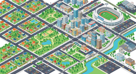Fototapeta premium Isometric Cityscape Illustration With Stadium And Park Elements
