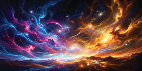 Blue and orange celestial nebula clouds in deep space with science fiction universe abstract celestial background astronomy stardust infinite colorful astrophysics patterns luminescent © Romana