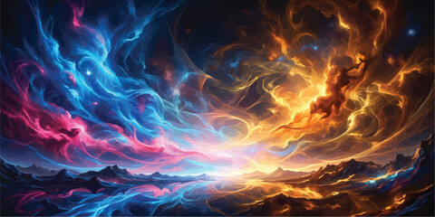 Abstract cosmic energy field with blue and orange nebula convergence science fiction universe abstract celestial background astronomy stardust landscape ethereal phenomenon infinite © Romana