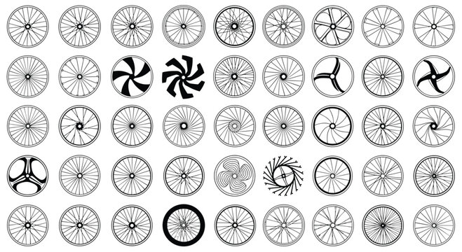 Large catalog of various black and white wheel and rim designs for cars and vehicles presented in multiple spoke styles.