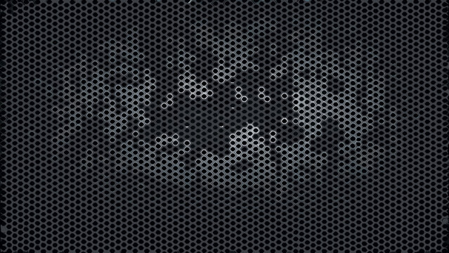 Perforated metal sheet with hexagonal pattern and central faded design dark monochrome