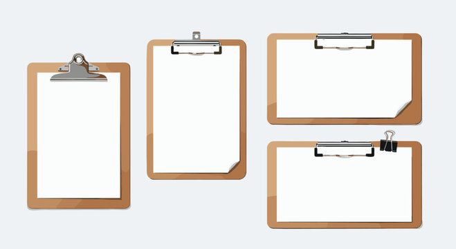 Group of empty wooden clipboards with white paper sheets in vertical and horizontal orientations on a light background.