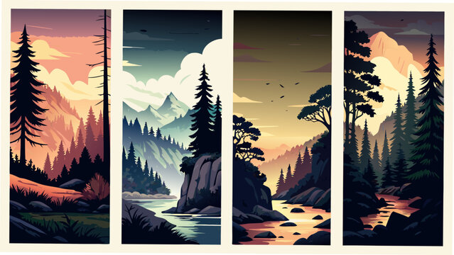 Scenic Mountain Landscapes In Four Vertical Panels Vector Illustration With Gradient Skies