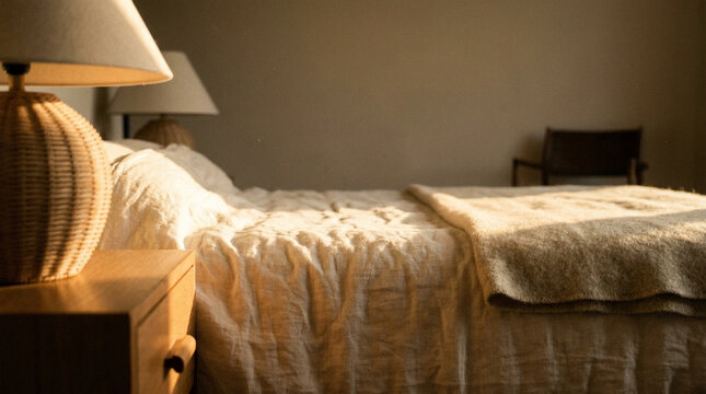 Cozy Bedroom Scene with Soft Lighting and Comfortable Bedding