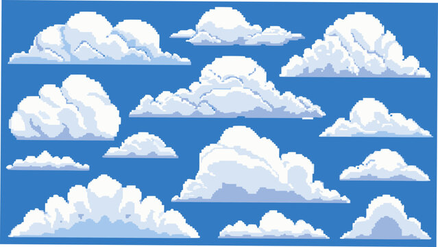 Collection of white pixelated clouds against a bright blue background illustration