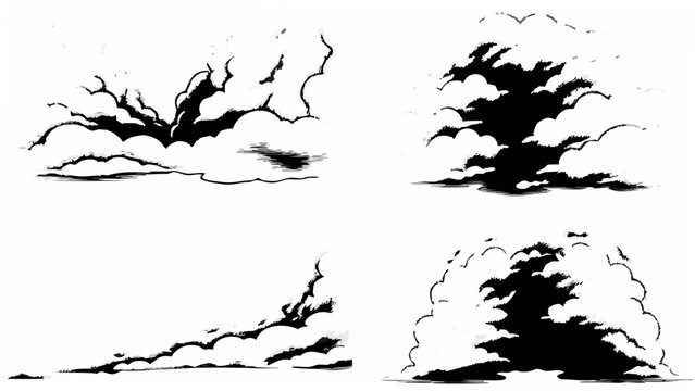Four cloud formations black silhouette style on a white background atmospheric weather elements