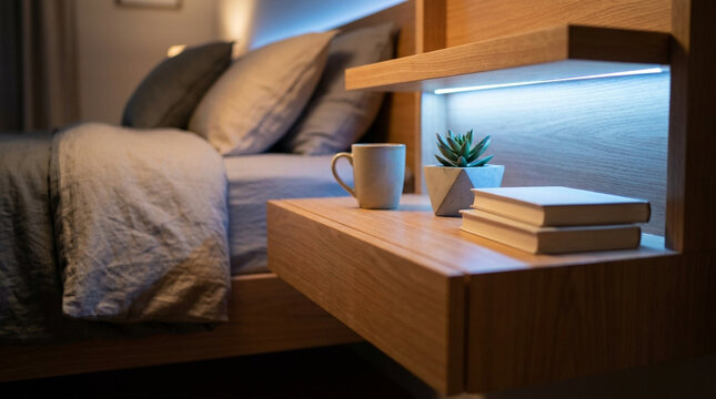 Cozy Modern Bedside Table with Soft Lighting and Comforting Ambiance