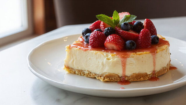 Frischer K&auml;sekuchen mit Beeren und Minze auf wei&szlig;em Teller