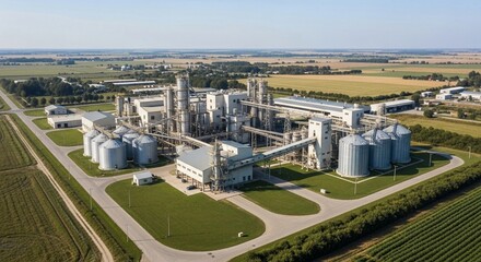 Obraz premium Aerial view of a large, modern sugar refining plant complex in an industrial agricultural landscape