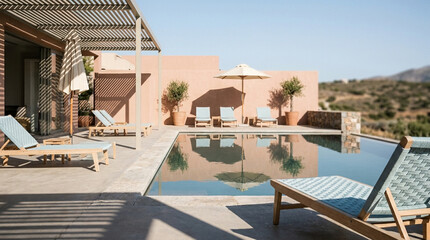 Fototapeta premium Luxurious Modern Villa Poolside Retreat with Lounge Chairs