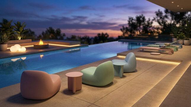 Luxurious Modern Poolside Setting at Dusk